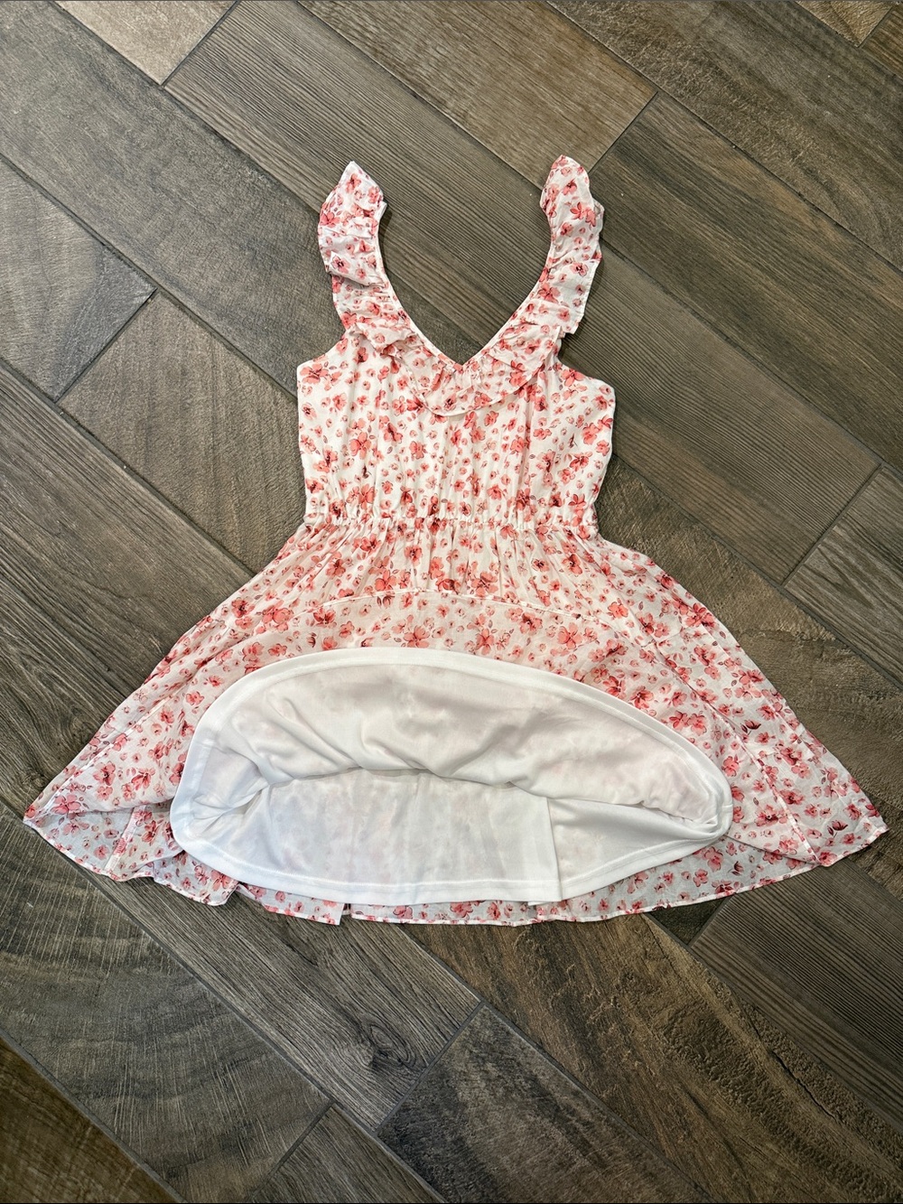 Pink Lily 100% Cotton Floral Mini Dress Medium Ruffle Strap Cottagecore Lined - Picture 5 of 11